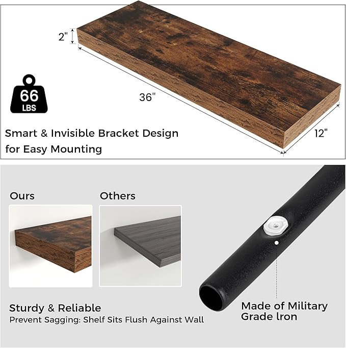 Venusmiles Floating Shelves for Wall, 36" W x 12" D x 2" H, 2 Pack of Long Wall Mounted Engineered Wood Shelves with Invisible Brackets for Living Room, Bedroom, Bathroom, Kitchen Decor, Brown