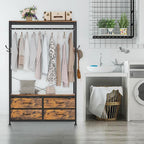Freestanding Clothes Rack, Garment Holder for Hanging, Heavy Duty Closet Organizer with 4 Drawers, 4 Hooks and Shelves, Wardrobe Storage for Bedroom, Living Room