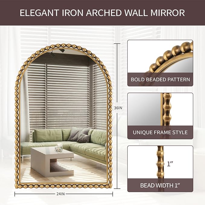 24x36 Inch Arched Wall Mirror with Bold Antique Gold Beaded Frame, Decorative Vintage Mirror for Living Room, Entryway or Fireplace Mantel, Bathroom Wall Decor Mirror