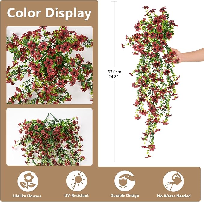 Artificial Hanging Flowers for Outdoors, 2 Pcs Fake Hanging Faux Plants Flowers Spring Summer Decor, UV Resistant Artificial Realistic Flower for Front Door Porch Planter Patio Garden(Brown)