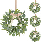 4 Pcs Green Eucalyptus Wreaths for Kitchen Cabinet Artificial Spring Summer Eucalyptus Wreath with White Berries Mini Green Wreaths with Ribbon for Front Door Porch Wall Window Farmhouse Decoration