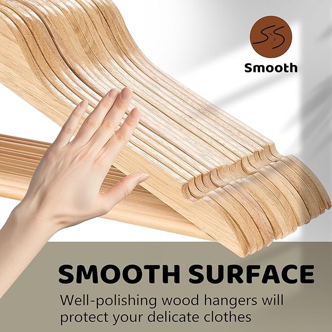 Wooden Hangers 30 Pack, Durable Wood Hangers with 360° Swivel Hook & Notches, Slim Coat Hanger Wooden for Closet, Smooth Wood Clothes Hanger with Pant Bar, Natural