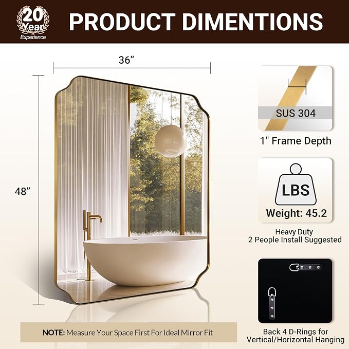 ANDY STAR 36"x48" Large Gold Mirror, Brushed Brass Rectangle Bathroom Mirror, Scalloped Vanity Mirror in Anti-Rust Stainless Steel 1’’ Frame, Unique Notched Corner Mirror, Ideal for Home Remodel