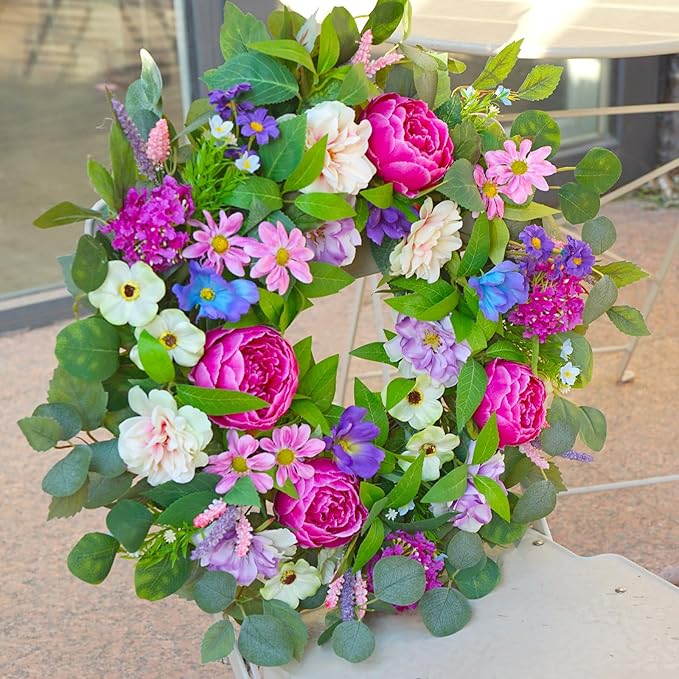Spring Wreaths for Front Door Outside 24 Inch Spring Door Wreath with Pink Peony,Rose and Blue Hydrangeas, Handmade Silk Summer Wreaths for Front Door Home Wall Window Proch Seasonal Decor