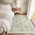 4x6 Feet Area Rug for Living Room Bedroom, Washable Non-Slip Large Rug, Ultra Soft Stain Resistant, Beige Green Distressed Floral Design