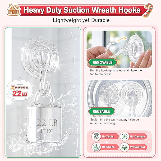 VIS'V Wreath Hanger, Large Suction Cup Wreath Hooks with Wipes, Heavy Duty, 22 LB Capacity, Removable and Reusable, Clear, 8 Pcs