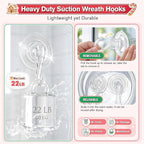 VIS'V Wreath Hanger, Large Suction Cup Wreath Hooks with Wipes, Heavy Duty, 22 LB Capacity, Removable and Reusable, Clear, 8 Pcs