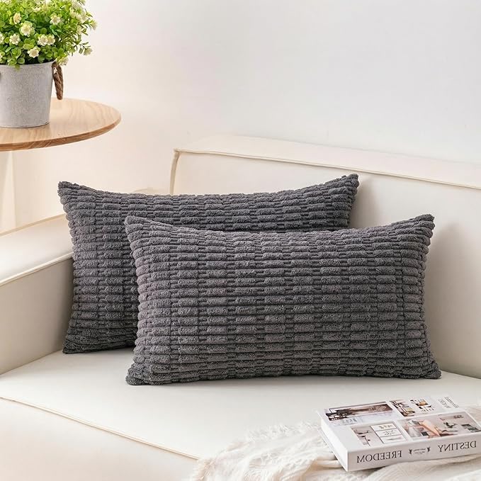 Aegero Pack of 2 Corduroy Decorative Throw Pillow Covers 12x24 Inch Soft Striped Pillow Covers Modern Farmhouse Home Decor for Sofa Living Room Couch Bed（Dark Grey）