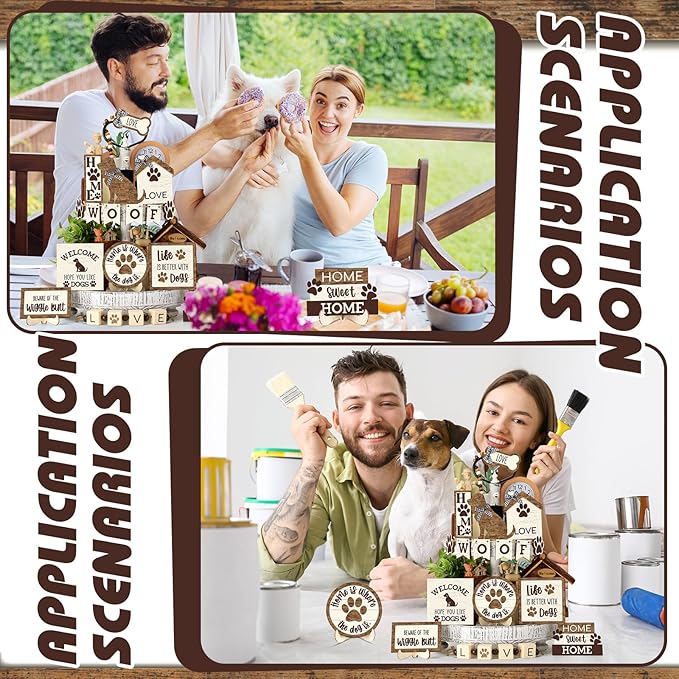Mifoci 16 Pcs Dog Tiered Tray Decor Cute Dog Signs Home Decor Wooden Woof Decorative Trays Farmhouse Vintage Sweet Home Wooden Sign for Winter Kitchen Coffee Bar Decoration