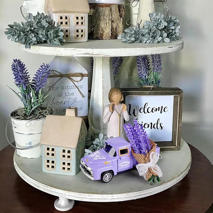 Lavender Truck Decor with Flowers, Purple Floral Pickup Truck with Butterfly, Rustic Farmhouse Tabletop Centerpiece, Spring Country Home Office Kitchen Tiered Tray Decor