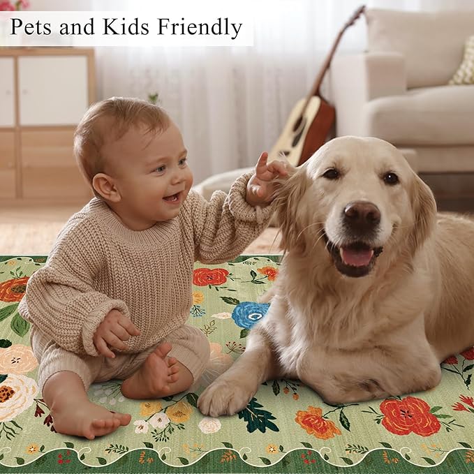 U'Artlines Indoor Door Mat Entrance Rug 2'x3'Soft Non Slip Machine Washable Floral Small Area Rug Carpet for Entryway Kitchen Bathroom Bedroom Green