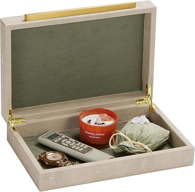 Kingflux Ivory Shagreen Decorative Box For Keepsake And Memory, Faux Leather Storage Box Jewelry Organizer Wooden Home Organizer Box For Accessory With Brushed Gold Handle (Ivory)