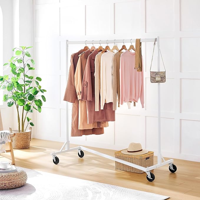 Hoctieon Z Rack, Rolling Clothes Racks with Z-Base, Heavy Duty Garment Rack, Clothing Racks for Hanging Clothes, Sturdy Metal Hanging Holder, Clothes Organizer Rack, White