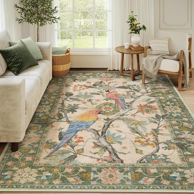Lahome Botanical Birds Washable Green Rugs for Living Room, 8x10 Dining Room Rugs for Under Table, Large Vintage Indoor Floor Carpet for Bedroom Home Office (8x10ft,Green)