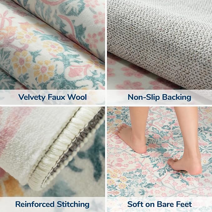 Lessymo 8x10 Washable Rug for Living Room, Soft Non Slip Pink Area Rugs for Bedroom Nursery Dining Room, Low Plie Boho Forest Large Carpet Botanical Colorful Cute Flower, Pink Green