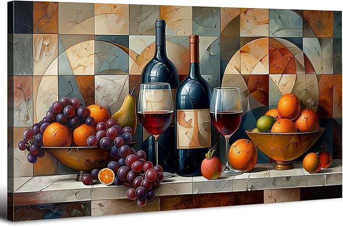 Geometric Kitchen Wall Art Abstract Wine Canvas Prints Red Wine Glass and Fruit Pictures Rustic Farmhouse Still Life Painting Wine Bar Decor for Dining Room Restaurant Home Decorations 29.53x57.87"