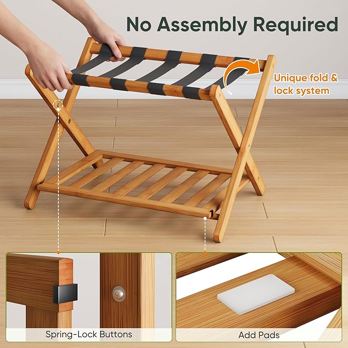 Fully Assembled Bamboo Luggage Racks, Foldable Suitcase Stand with 5 Nylon Straps, Luggage Stand with Shoe Shelf Ideal for Guest Room, Bedroom, Hotel, Honey Oak