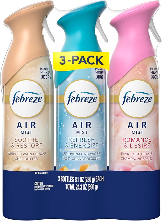 Febreze Air Mist, Air Freshener, Odor Fighting Room Spray, Deodorizer for Home Bathroom Kitchen Office Apartment, Soothe & Restore, Refresh & Energize, Romance & Desire Variety Pack, 8.1oz (Pack of 3)