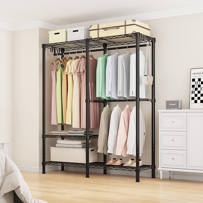 H18 Garment Rack for Hanging Clothes, 3 Tiers Portable Closet with 2 Hanger Rods, Freestanding Clothes Rack, 44.9" W x 14.6" D x 76.4" H, Max Load 600lbs, Black