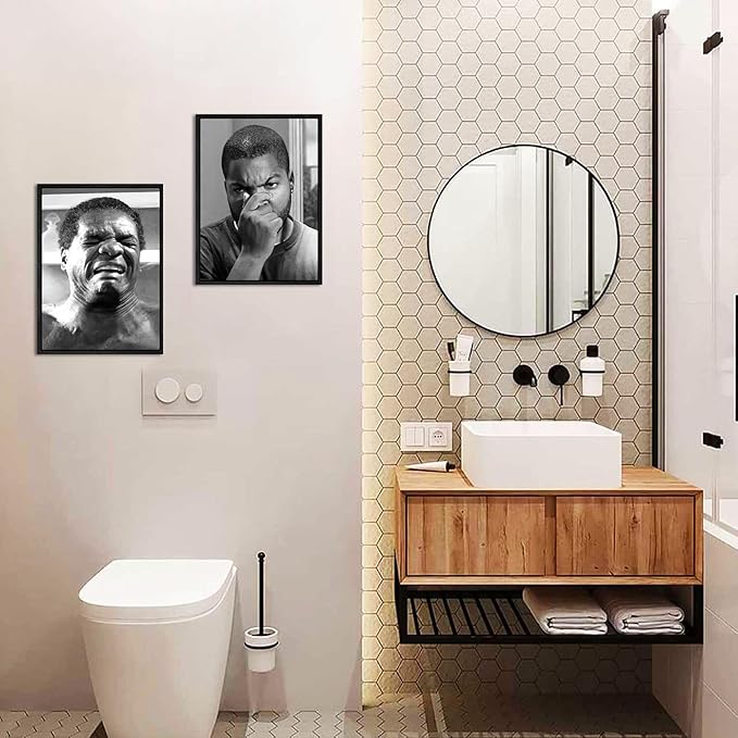 Funny Bathroom Canvas Wall Art Set of 2 - Black Floating Frame Black and White Vintage Comedy Movies Posters, Funny Toilet Humour Smell Wall Decor Prints for Bathroom Decor 12x16 in