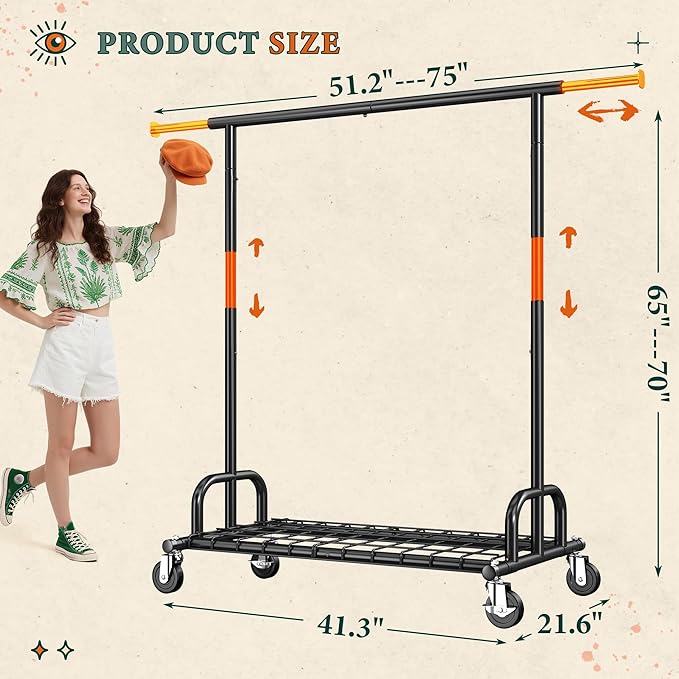 Raybee Clothes Rack Heavy Duty Load 530 LBS, Clothing Racks for Hanging Clothes, Rolling Clothing Rack, Extendable Adjustable Portable Clothes Rack, Metal Garment Rack, Black