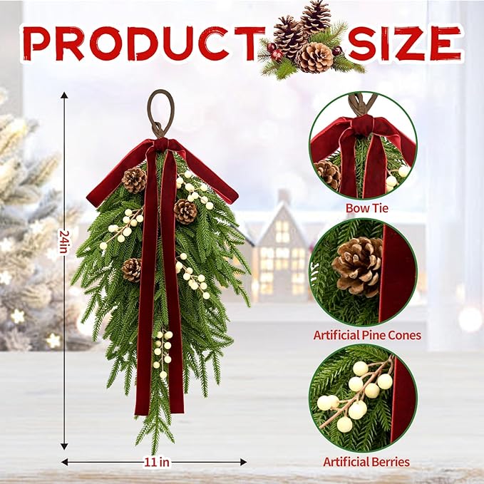 nuvagiki Christmas Teardrop Swag Decorations, 24'' Christmas Teardrop Wreath Artificial Pine Needle Berries Hanging Decor, Red Velvet Bow Swag Decorations for Front Door Mantle Wall Indoor Home Decor