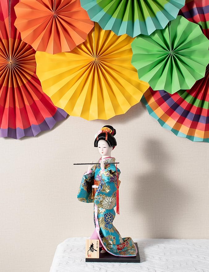 ALAMIYA Home Decoration Asian Japanese Geisha Kimono Doll Collectible Figurine Gift with Paper Fan