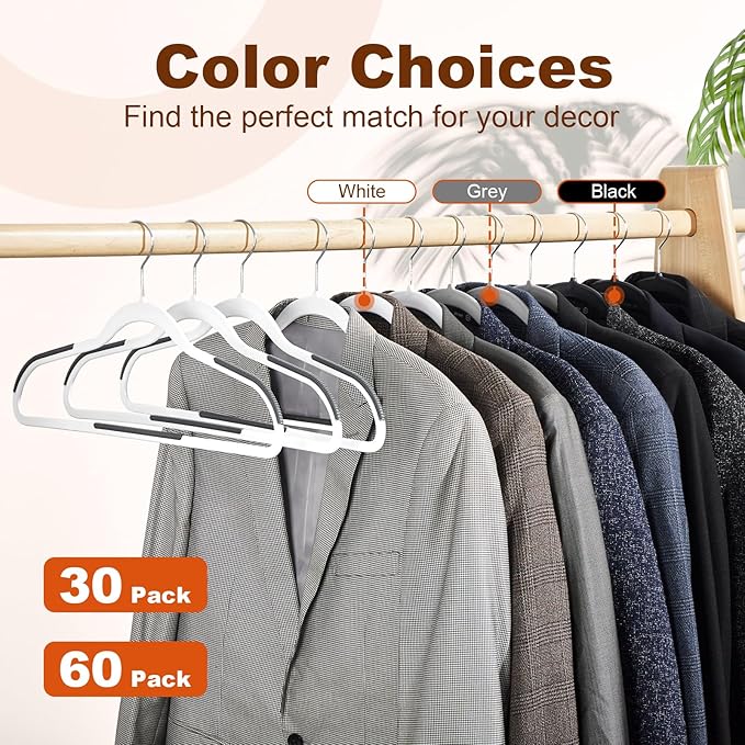 HOUSE DAY Heavy Duty Plastic Hangers 60 Pack, Non Slip Clothes Hangers with Rubber Pads and 360° Hook - Thin 0.2 Inch, Space Saving Coat Hanger White, Closet Organizer for Shirt, Pants, Suit, Skirt