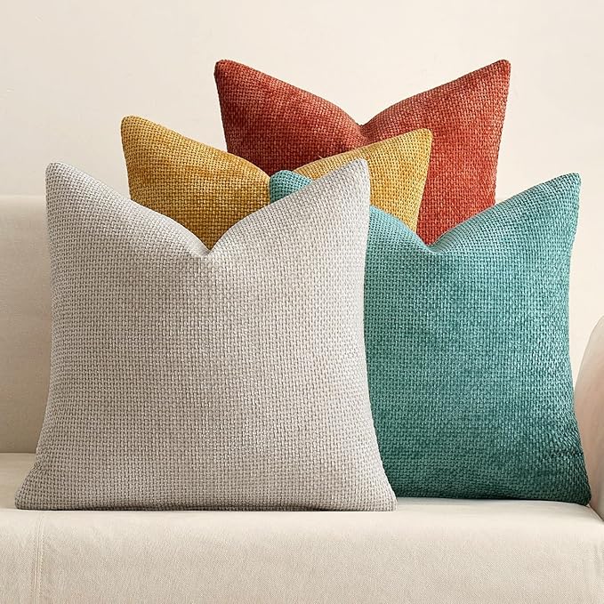 MIULEE Pack of 4 Couch Throw Pillow Covers 18x18 Inch Neutral Orange/Teal Soft Decorative Chenille Pillow Covers Farmhouse Accent Cushion Covers for Boho Home Decor Spring Sofa Bedroom Living Room