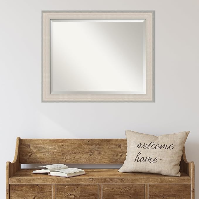 Amanti Art White Wall Mirror 26x32 Cottage White Silver Rectangle Bathroom Mirror for Wall Decor Living Room, Large Cottage Wood Frame, Hangs Horizonally and Vertically, Bathroom Decor, Beveled Edge