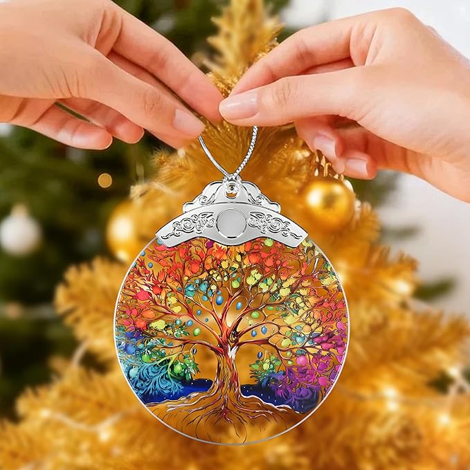 Tree of Life Stained Glass Ornament, Crystal Ornaments for Christmas Tree Decorations, Holiday Presents Idea, Car Hanging Ornaments, Car Charm, Mirror Accessories