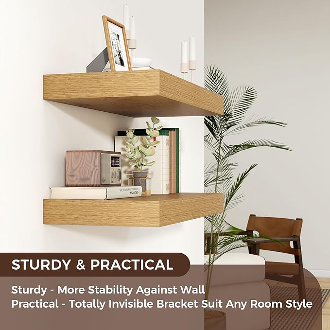 Venusmiles Floating Shelves for Wall, 36" W x 12" D x 2" H, 2 Pack of Long Wall Mounted Engineered Wood Shelves with Invisible Brackets for Living Room, Bedroom, Bathroom, Kitchen Decor, Oak