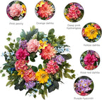 Spring Wreaths for Front Door, 24 Inch Spring Door Wreath with Yellow Dahlia,Pink Hydrangea Dahlia Peony Flower Wreath for All Season Outside Indoor Outdoor Home Porch Wall Decor