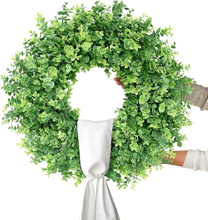 26" Artificial Eucalyptus Wreath with Sash for Front Door, Porch, Window - Large Faux Eucalyptus Leaves Greenery Outdoor Wreath for Home, Farmhouse Decor - Spring, Summer, All Seasons (Green)
