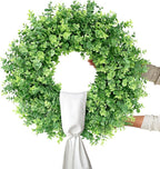 26" Artificial Eucalyptus Wreath with Sash for Front Door, Porch, Window - Large Faux Eucalyptus Leaves Greenery Outdoor Wreath for Home, Farmhouse Decor - Spring, Summer, All Seasons (Green)