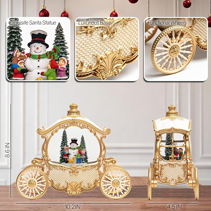 Christmas White Carriage Snow Globe Lantern with Gift Box - Snowman Scene Water Lantern with Glitter Snow - Musical Holiday Decor with LED Light - Battery Or USB Powered Operated (White with gold)