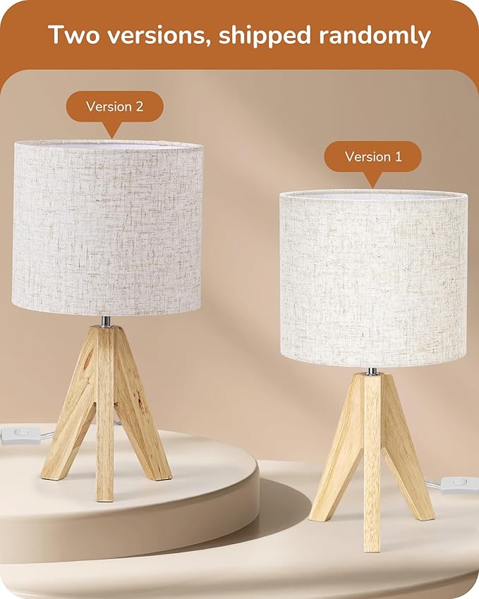 EDISHINE Small Table Lamp, Boho Bedside Lamp with Linen Fabric Shade, Wood Tripod Nightstand Lamp for Nursery, Living Room, Bedroom, Narrow End Table, UL Listed, 14.2 Inch, ON/Off Switch
