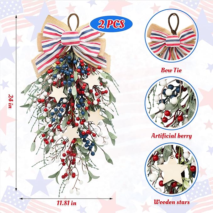 nuvagiki Patriotic Teardrop Swag Set of 2, Red White Blue Berry Front Door Decor, 4th of July Memorial Day Door Hanging Wreath, Rustic Farmhouse Independence Day Porch Decorations