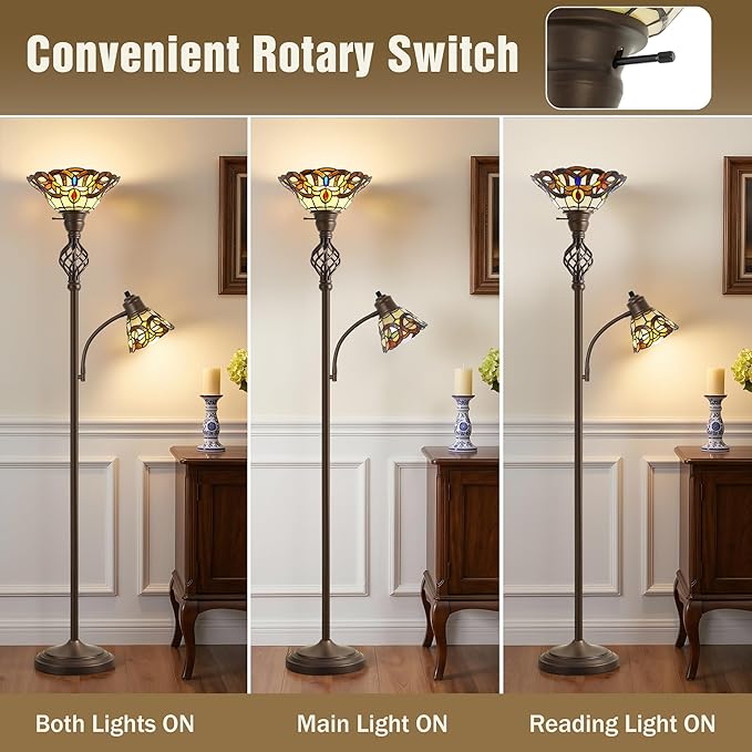 GyroVu Tiffany Floor Lamp, Torchiere Floor Lamps with Stained Glass Shade, 70" Tall Standing Lamp with Adjustable Gooseneck Reading Lamp for Living Room Bedroom Office, Bulbs Included