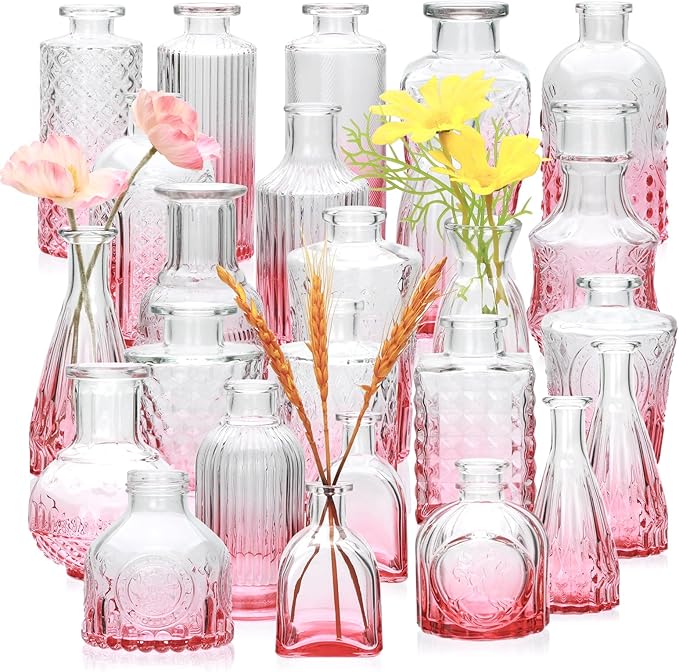 Brajttt Bud Vase Set of 25, Pink Glass Vases for Mini Flowers, Cute Vintage Set for Wedding, Home, Centerpieces