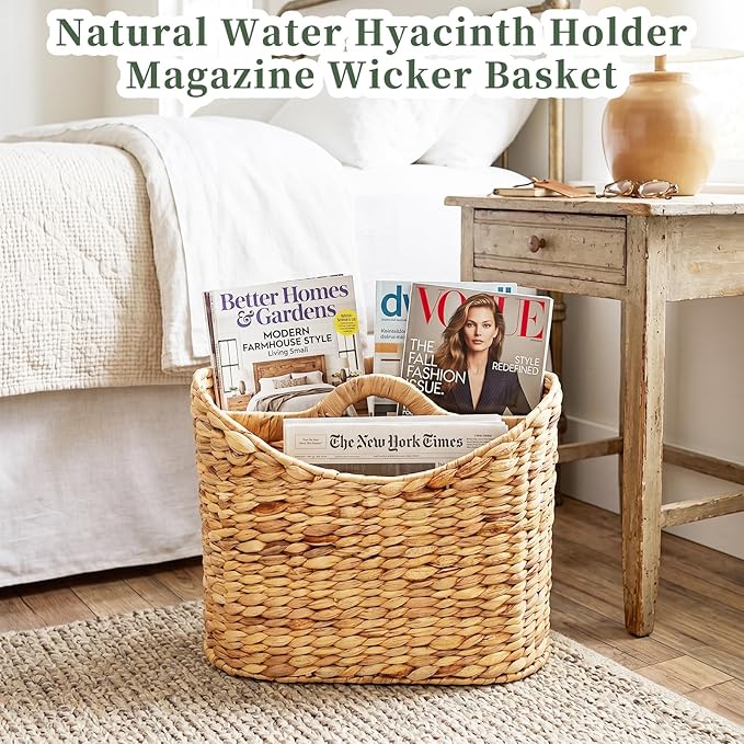 Magazines Holder - Wicker Magazine Rack, Handwoven Magazine Holders for Bathroom, Magazine Organizer for Books, Newspaper, Water Hyacinth Magazine Basket with Handle, 14x11.5x6.7inch
