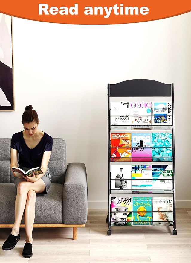 Baoz Magazine Rack Floor-Standing 4-Layer, Brochure Display Stand, Detachable Magazine Display with Wheels, High-hardness Metal Magazine Holder for Exhibitions, Office, Shopping Malls