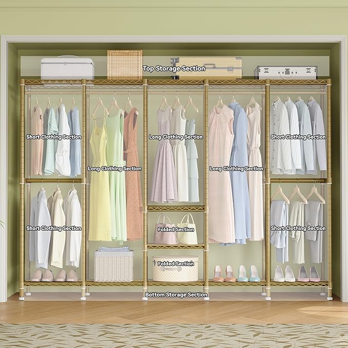 H5 Large Wire Garment Rack, Heavy Duty Clothes Racks, Wardrobe Closet Rack for Hanging Clothes, Freestanding Clothing Racks with Adjustable Shelf, 93.3" Wx15.7 Dx75.4 H, Gold, Load 1400 lbs