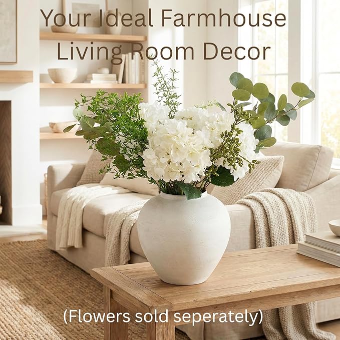 Large White Vase for Centerpieces - 11" Wide Textured Stone Look Metal Flower Vase for Table Decor - Rustic Farmhouse Vases for Living Room Dining Room Home Decor
