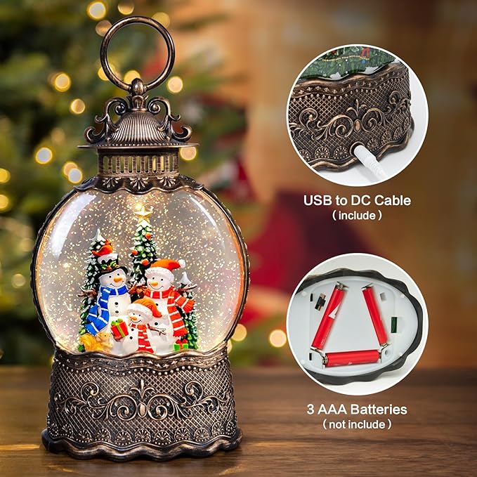 Christmas Snow Globes Lantern with Music, Snowman Snow Globes with Swirling Glitter Effects, USB/Battery Powered with 6-Hour Timer, Christmas Decorations