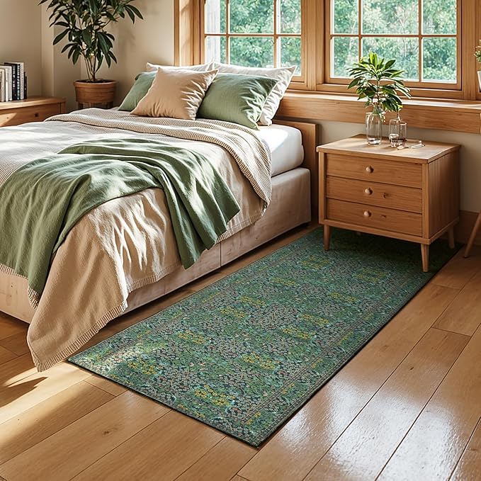 Lessymo Floral Runner Rug for Entryway, 2x6 Kitchen Rugs Non Slip Rubber Ultra-Thin Soft Washable Runners for Hallway, Faux Wool Small Carpet Bedside Rug, Vintage Floral Design Decor, Forest Green