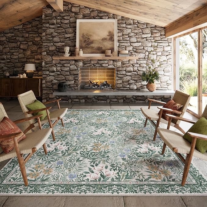 Botanical Floral Area Rug 8x10 Light Green Cream Vintage Garden Design, Perfect for Living Room, Bedroom, Kids Room, Nursery - Stain & Water Resistant Non-Slip, Pet & Child Friendly Area Rugs