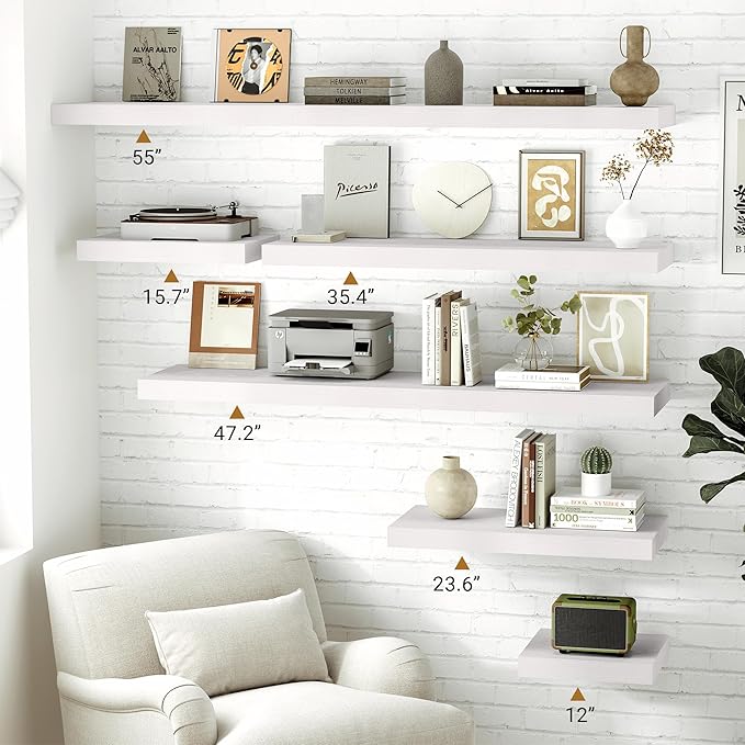 Vivelove White Floating Shelves 12 Inches Deep, [Wood Grain Texture] 36x12 Floating Shelves for Wall with Invisible Brackets, Room Shelves for Living Room Bedroom Kitchen Office, Set of 2