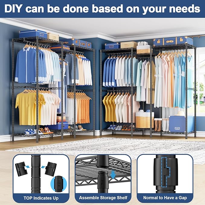 Ulif E12 Clothes Rack，Heavy Duty Freestanding Garment Rack with Shelves，Metal Clothing Closet Storage System for Hanging Clothes，57.1" W x 16" D x 76.5" H, Hold 860 lbs，Black