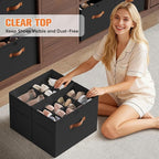 Shoe Organizer for Closet, 2-Pack Foldable Shoe Storage Box with Adjustable Dividers & Clear Cover, Fits 16 Pairs, Black, Durable and Space-Saving